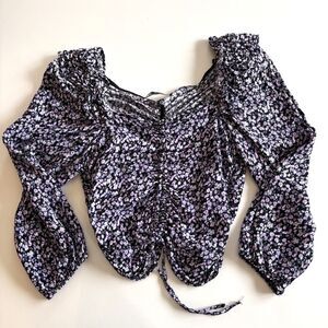Zara Cropped Top Purple Ditsy Floral Ruched Detail Side Zip 3/4 Balloon Sleeve S